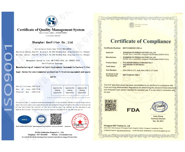 PP Filter Bag Quality Certification